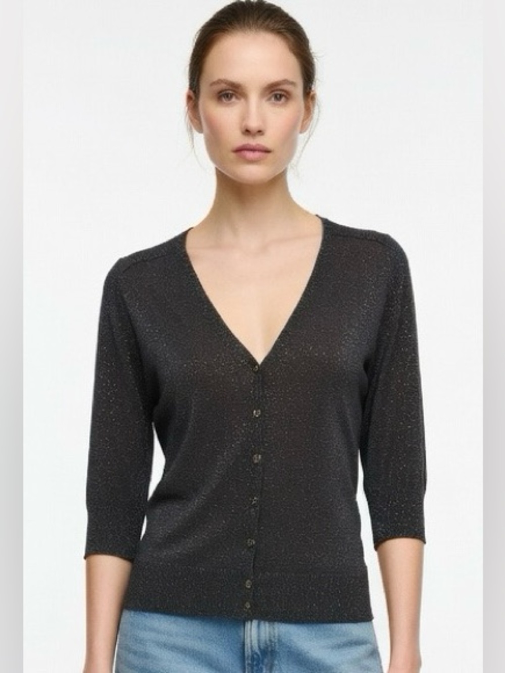 Tory Burch Metallic Grey Lightweight 3/4 Sleeve Cardigan